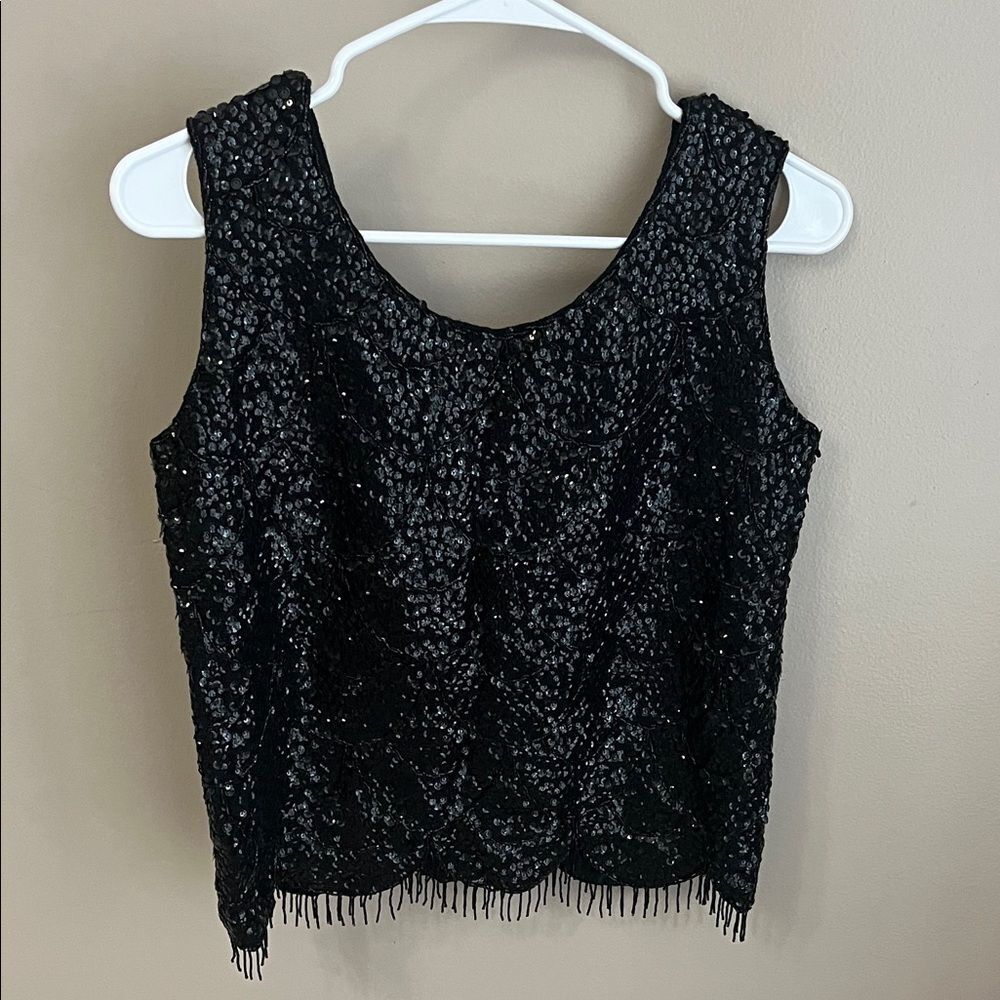 Vintage Black Beaded Sequin Beaded Tank Top Blouse Fringe 100% wool size Large